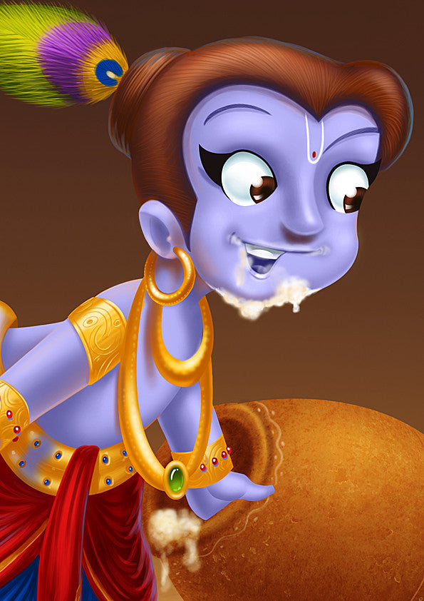 little krishna with butter pot closeup Indian art print gift