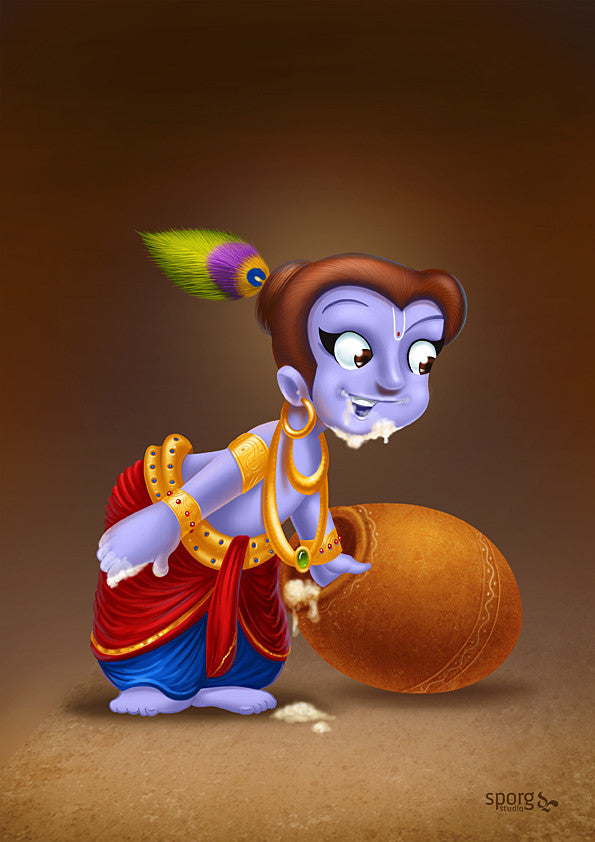 Little Krishna with butter pot Indian art print gift online