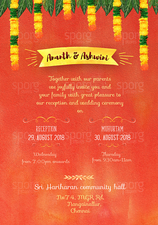 Ready to print illustrated wedding invitation design for Tamil Iyengar Brahmin weddings.