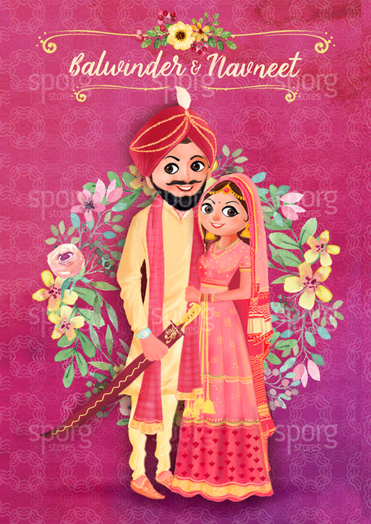 illustrated punjabi wedding invitation 