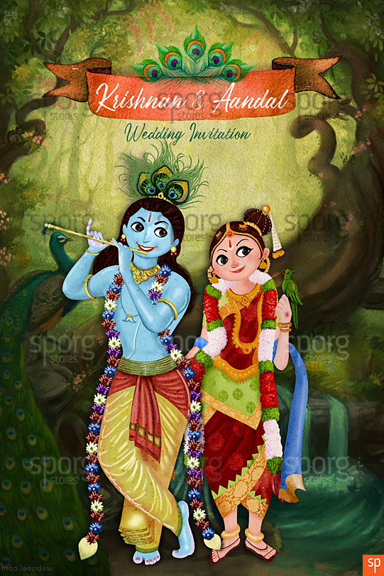 Krishnan Aandal Theme Illustrated Wedding Invitation - SSWC16