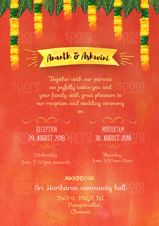 Ready to print illustrated wedding invitation design for Tamil Iyengar Brahmin weddings.  
